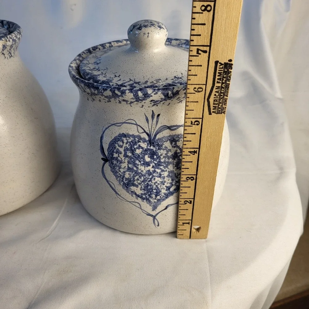 Set of 3 Country Blue Hearts Sponge Stoneware Canister Set Cottagecore